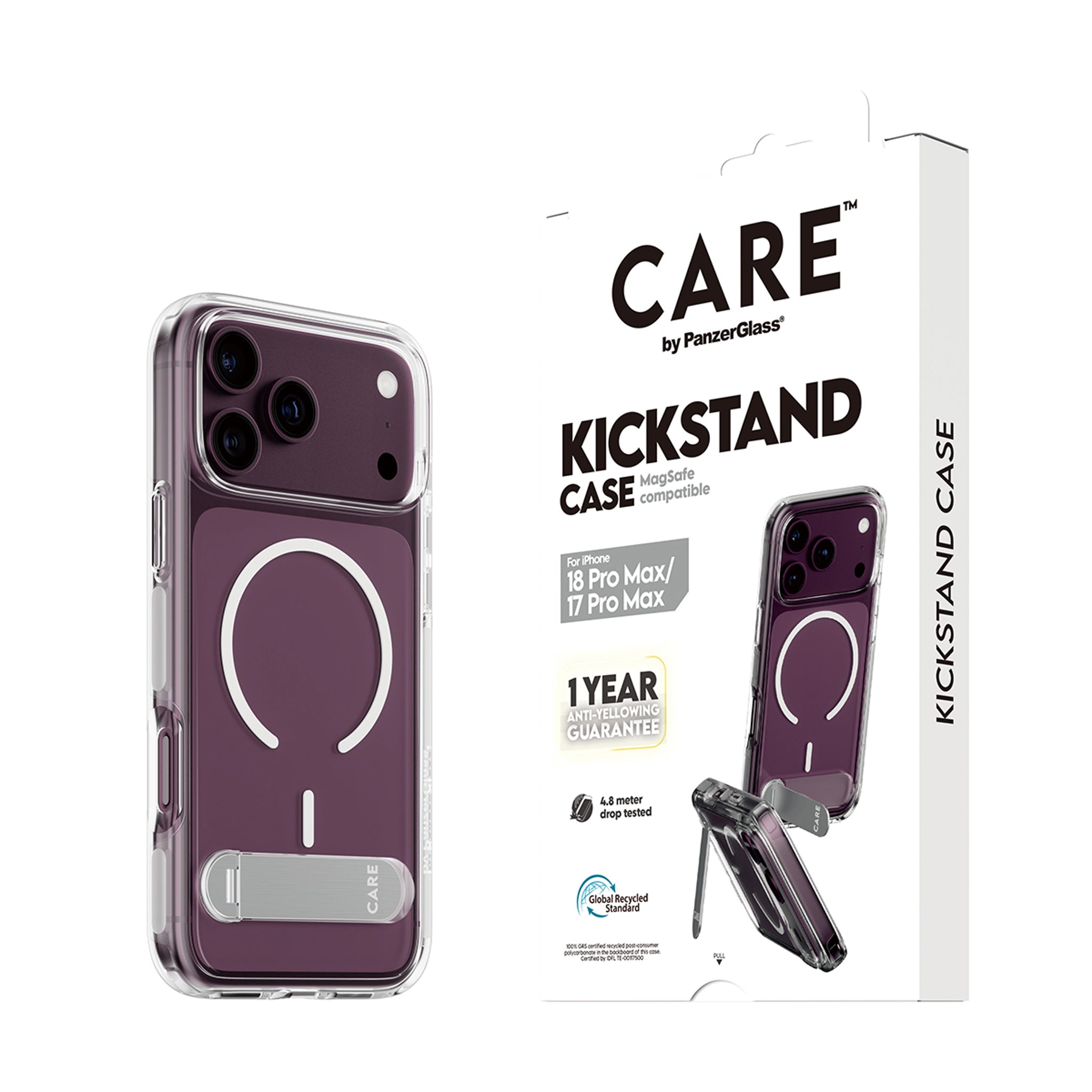 CARE™ by PanzerGlass® Kickstand Case Transparent w. White MagSafe iPhone 18 Pro Max | 17 Pro Max